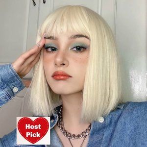 Bob Style Wigs Straight Blonde Hair with Bangs - Neck Length